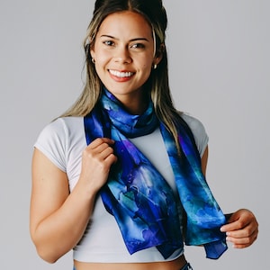 Blue Silk Scarf - Spring Scarf - Holiday Gift for Her - 15&quot;x60&quot;