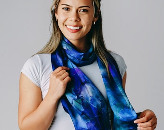 Blue Silk Scarf - Spring Scarf - Holiday Gift for Her - 15"x60"