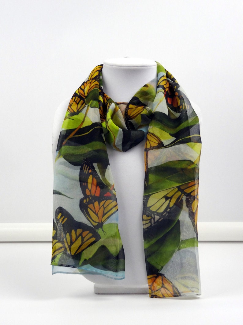 Monarch Butterfly Silk Scarf Spring Scarf Holiday Scarf Gift for Her 15x60 image 1