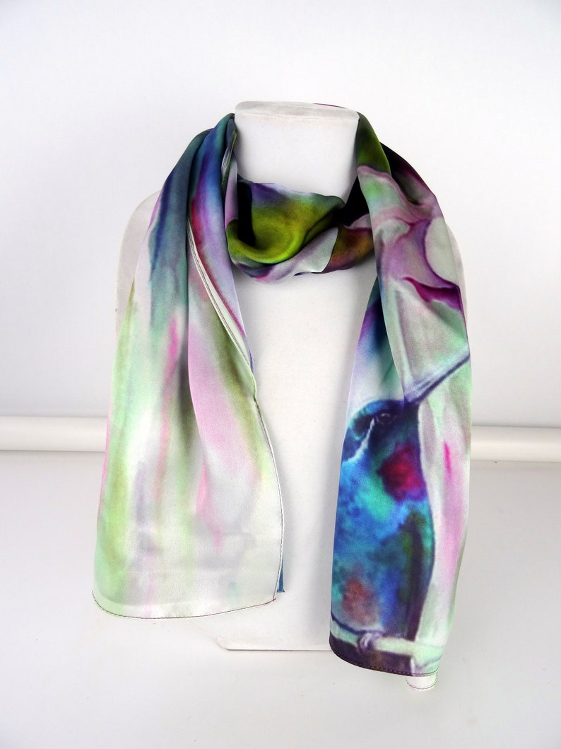 Hummingbird Silk Scarf Floral Spring Scarf Gift For Her Shiny Silk Satin 15x 60 image 2