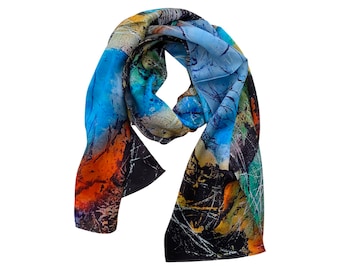 Abstract Bright Silk Scarf - Spring Scarf - Gift For Her - Blue Orange Silk Scarf - 15"x 60"