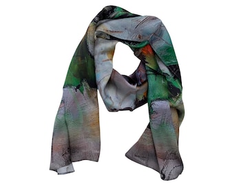 Abstract Silk Scarf - Spring Scarf - Green Gray Silk Scarf - Scarf For Her - 15"x 60"