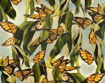 Spring Silk Material - Monarch Butterflies - By Yard - Digital Print Silk Georgette 8mm - DIY Sewer - Craft Material