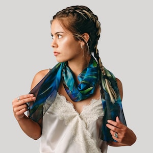 Blue Spring Silk Scarf - Spring Scarf - Holiday Scarf - Water Lilies Scarf - Gift for Her - 15&quot;x 60&quot;