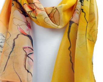 Spring Silk Scarf - Japan Art Scarf - Sheer Mustard Sakura Silk Scarf - 11"x60"