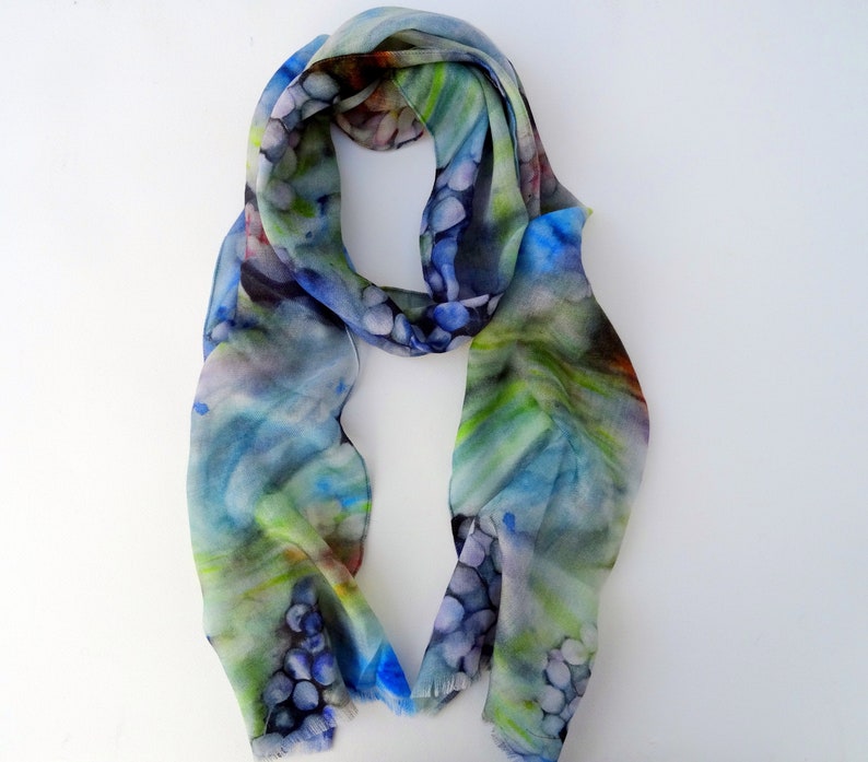Blue Wool Scarf Spring Scarf Gift For Her Vineyard Art Scarf Made in USA image 1