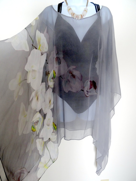 Gray Silk Caftan - Orchids Sheer Silk Cover up  - Sheer Caftan - Plus Clothing