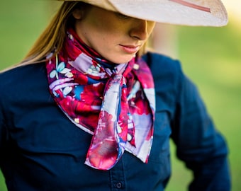 Red Wild Rag - Floral Rodeo Bandana - Rodeo Queen Silk Scarf - Western Boho Fashion Scarf - Silk Twill 35"