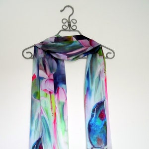 Hummingbird Silk Scarf Floral Spring Scarf Gift For Her Shiny Silk Satin 15x 60 image 3