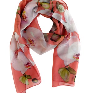 Coral Silk Scarf Spring Scarf Tropical Floral Scarf Sheer 15 x 60 image 2