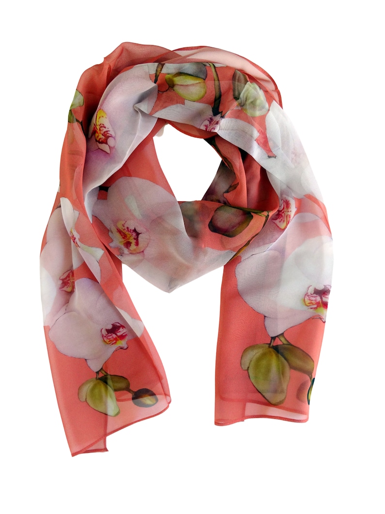 Coral Silk Scarf Spring Scarf Tropical Floral Scarf Sheer 15 x 60 image 2