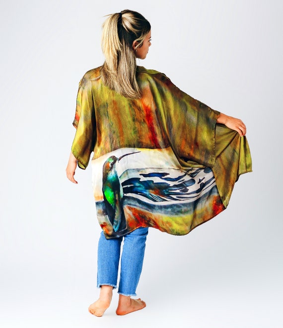 Hummingbird Silk Kimono- Silk Kimono - ONE SIZE