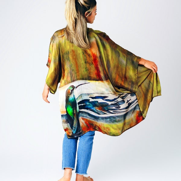 Hummingbird Silk Kimono- Silk Kimono - ONE SIZE