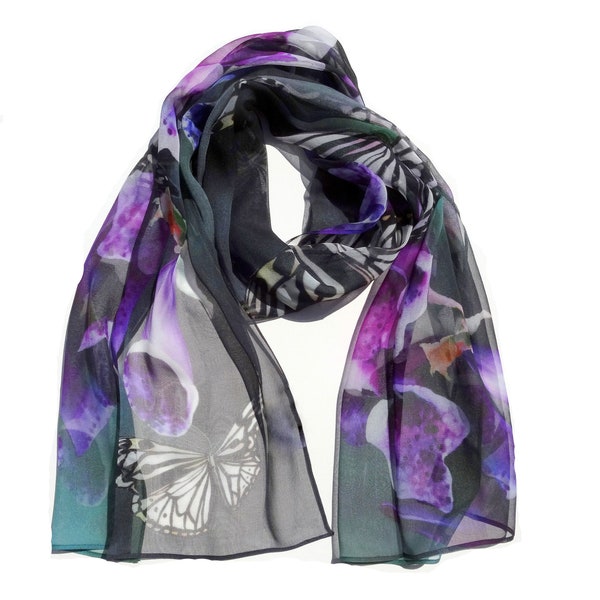 Butterfly Silk Scarf - Spring Scarf - Holiday Scarf - Gift for Her - 15"x 60"