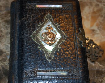 Life of Jesus Miniature Leather Book, Mother of Pearl and 14K Gold Bleeding Heart Inlay