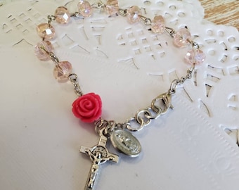 Rosary Bracelet, Rosary Favors, Christening Gifts, Rose Rosary Bracelet, Glass Bead Rose Wrist Rosary, Hand made bracelet, Communion gift