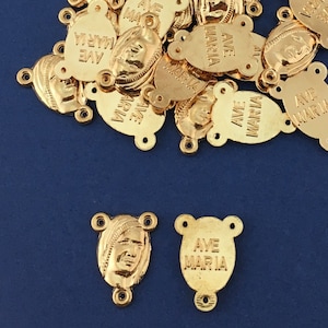 Mother Mary Medallion, AVE MARIA Rosary Centerpiece, Chaplet, Connector, Virgin Mary, Light Gold, Mother Mary Medal, Supply, Catholic, 16 Pc