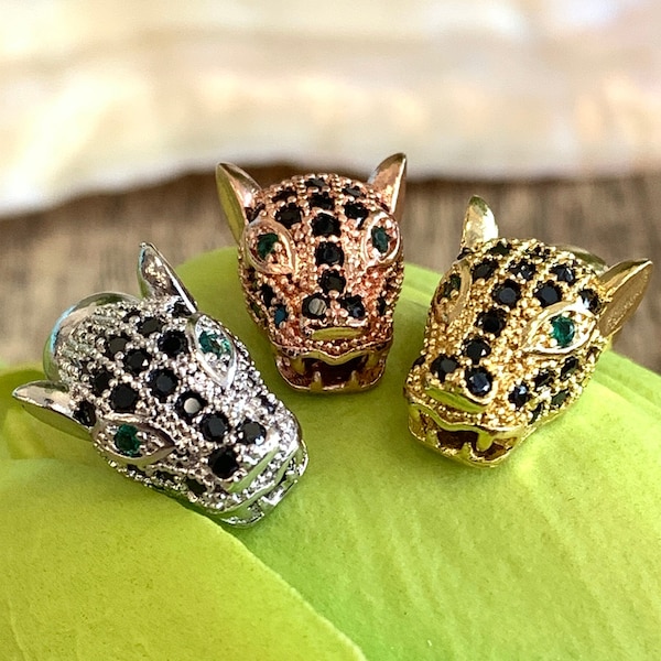 Panther head bead, Men's bracelet bead, Green eyed, CZ Micro Pave bead, Cubic Zirconia, DIY Jewelry making, Leopard bead, Animal Jewelry