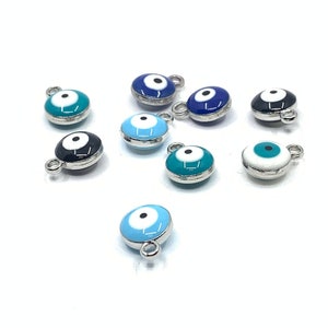 Nazar Charm, Greek Evil eye, 20pcs, Round Enamel Eye, Malocchio pendant, Double sided, Puffy, Wholesale, Rhodium plated, Jewelry Making image 1