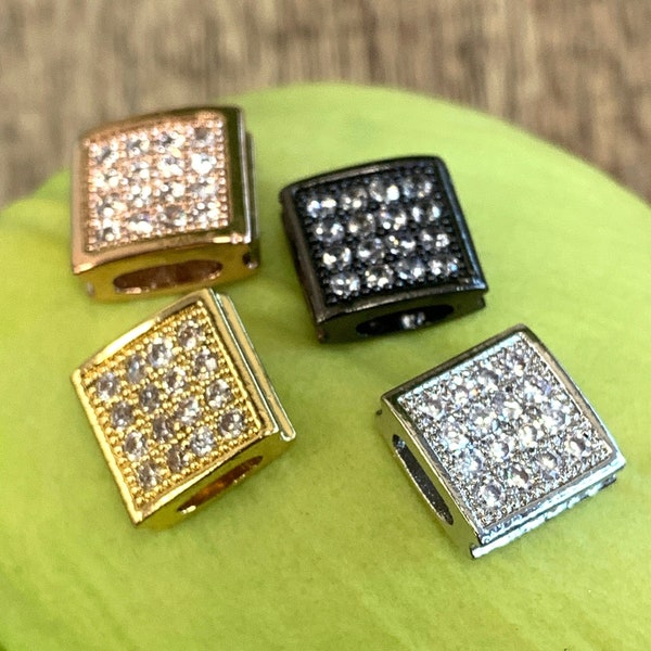 Square Clear Micro Pave beads, Silver, Gold, Rose Gold, Gunmetal, CZ Spacer Beads, Men's bracelet beads, Necklace beads, Crafts, Wholesale