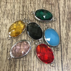 Crystal Connector, Glass Connector, Rhodium color frame, 13mm x 18mm, Oval Shape, Clear Crystal, Pink Crystal, Faceted, Emerald, Jet Black