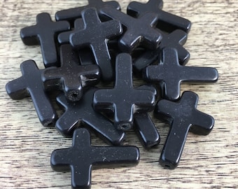 Howlite Cross, Cross Bead, Black Howlite Bead Cross, Cross Bead, Howlite Bead, 38mm x 26mm- 10 Pc,  Canadian Supplier, Bulk Buy