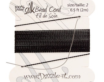 Black Silk Thread with 0.45mm Needle, Silk Bead Cord, Silk Cord, Embroidery Thread, Silk Embroidery, Beading Thread, Silk, Pure Silk Thread