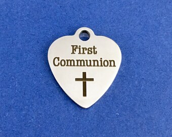 First Communion, Heart Charm, Stainless Steel Charm, Bracelet Charm, Canadian Supplier, gift under 5 dollar, word charm, Saying charm