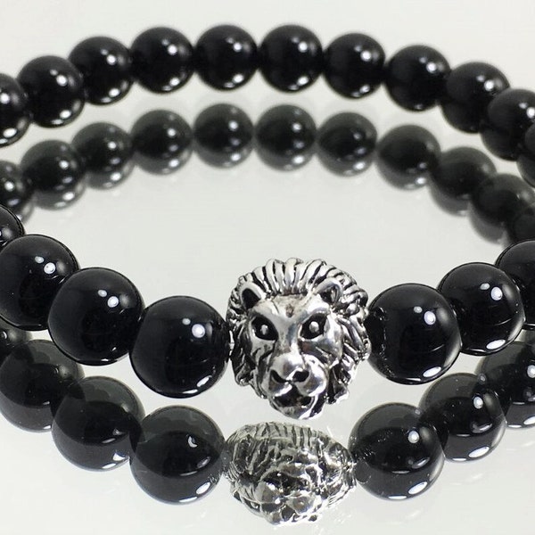 Bracelet de perles en agate givrée, bracelet de perles de lion, bracelet pour homme, bracelet de perles de pierre noire, fait main, bracelet de pierres précieuses, cristaux de guérison