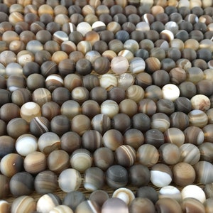 May include: A close-up of a collection of round, brown agate beads with white and gray banding. The beads are smooth and polished, and they have a natural, earthy look.