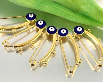 3 loop safety pins, Evil Eye Safety Pin, Baby Safety Pin, 18k Gold Plated, Stroller Pin, Nazar Pin, Protection Pin, Bellaire Wholesale