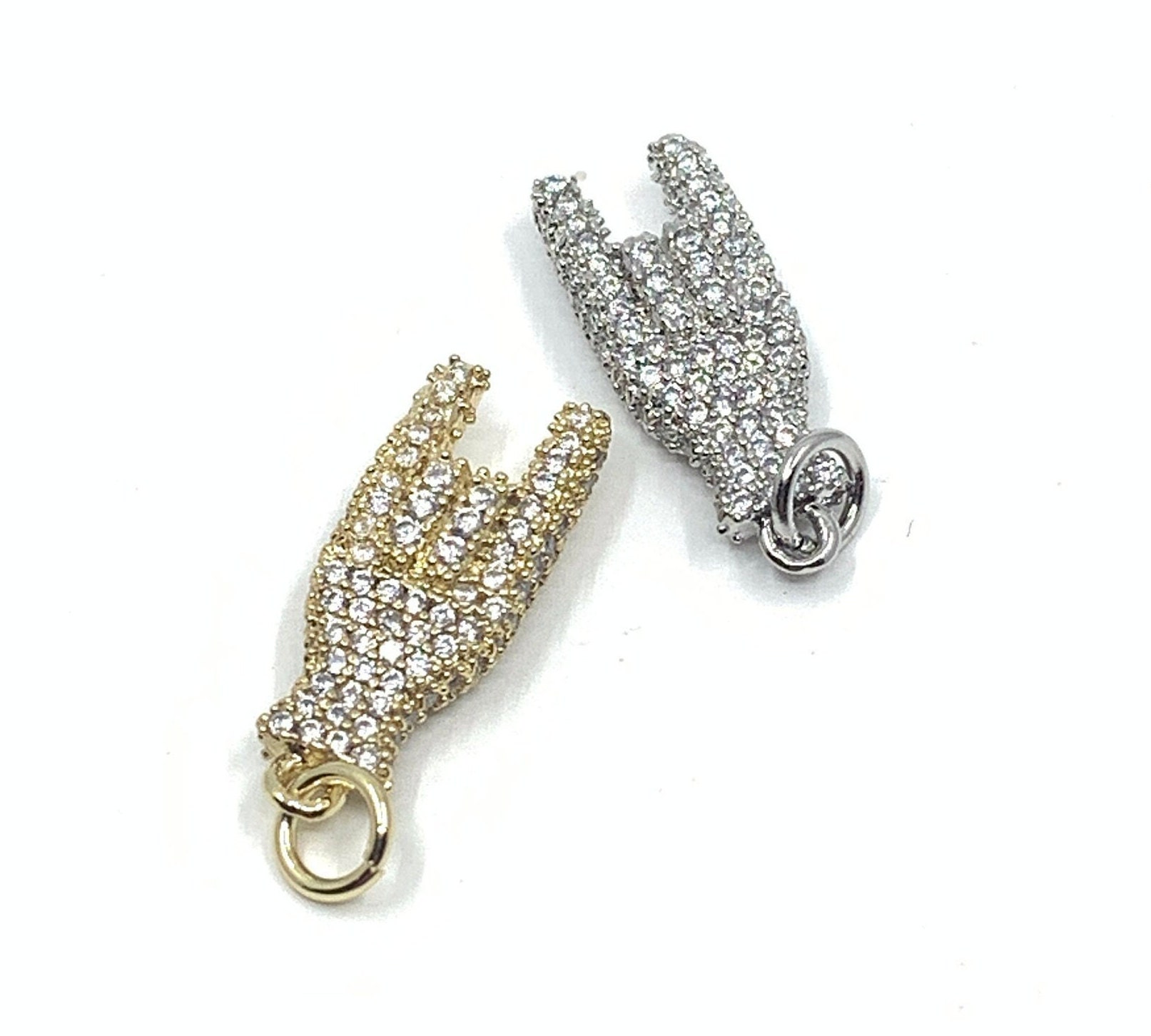 Italian Hand Charm, Gold, Silver, Cubic Zirconia Hand Cornicello Charm, CZ Micro Pave, Brass, Canadian Supplier, Mano Cornuto