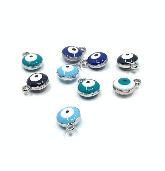 Nazar Charm, Greek Evil eye, 20pcs, Round Enamel Eye, Malocchio pendant, Double sided, Puffy, Wholesale, Rhodium plated, Jewelry Making