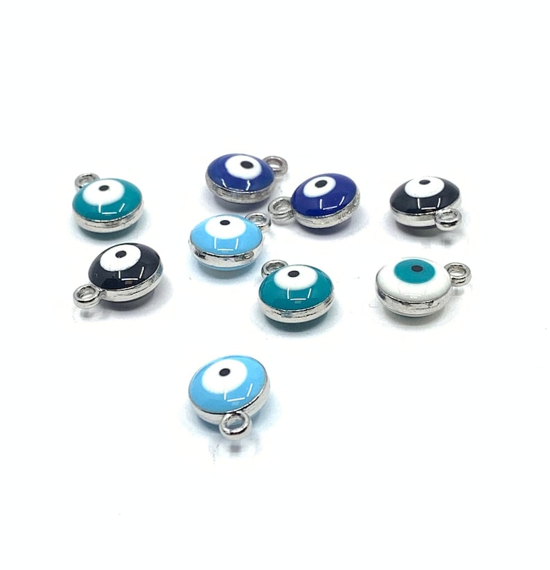 Nazar Charm, Greek Evil eye, 20pcs, Round Enamel Eye, Malocchio pendant, Double sided, Puffy, Wholesale, Rhodium plated, Jewelry Making image 1