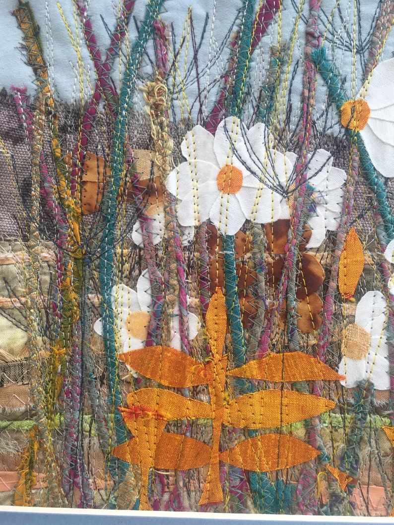 Fall Autumn Field Textile Art Gold Daisy Picture Landscape Hedgerow Daisies Country side