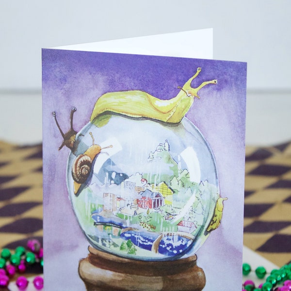 Eugene Rain Globe greeting card with slugs