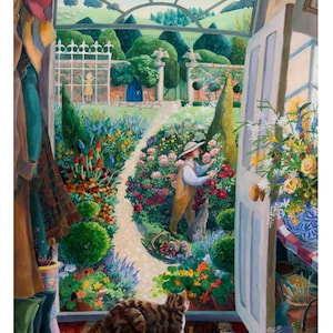 Gatto sul tappeto, gatto soriano, tradizionale giardino inglese murato, donna che raccoglie fiori, rose, cane, scena di giardino estivo, giardiniera