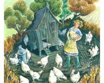 Feeding the Hens print. Painting of chickens. Chickens feeding around their hen house.  Signed limited edition giclee print of my painting.