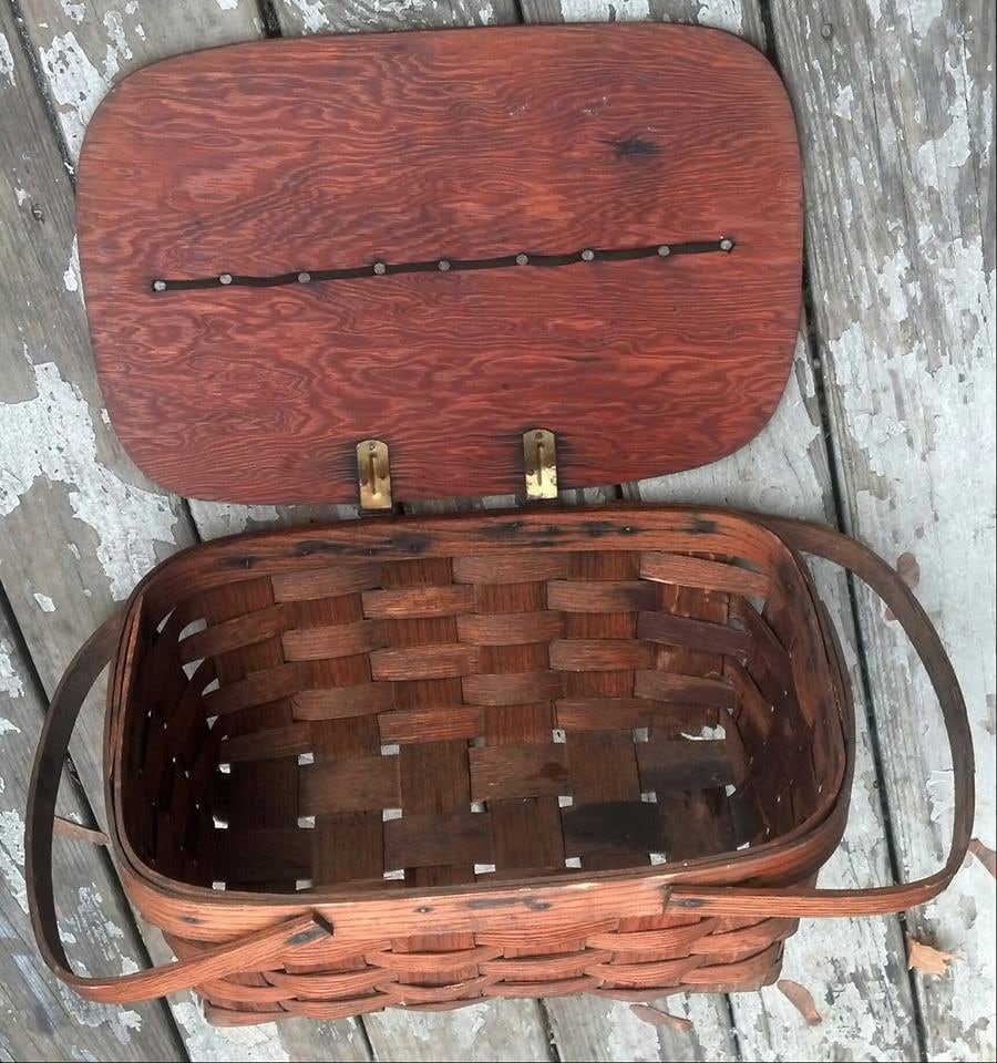 Vintage Picnic Basket/ Oak Slats and Wood Hooped Handles with Ply Lid