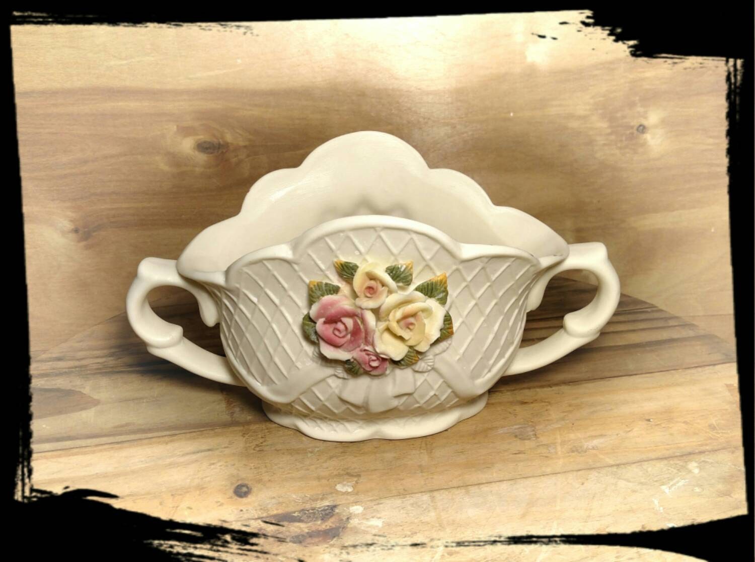 Collectible Bisque Ceramic Vase Basket Weave With Two Handles