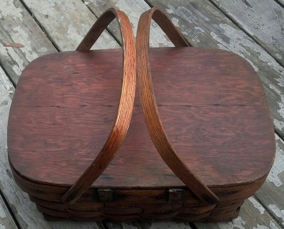 Vintage Picnic Basket/ Oak Slats and Wood Hooped Handles with Ply Lid