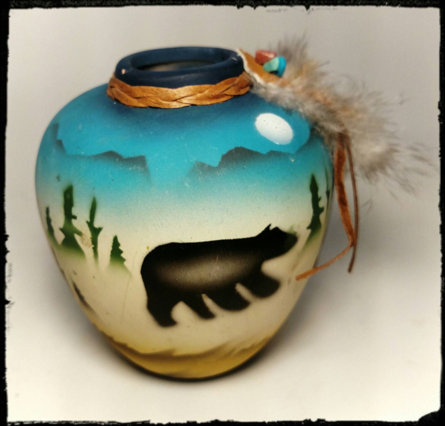 Collectible Native American Blue Vase with Black Bears and Adorned with