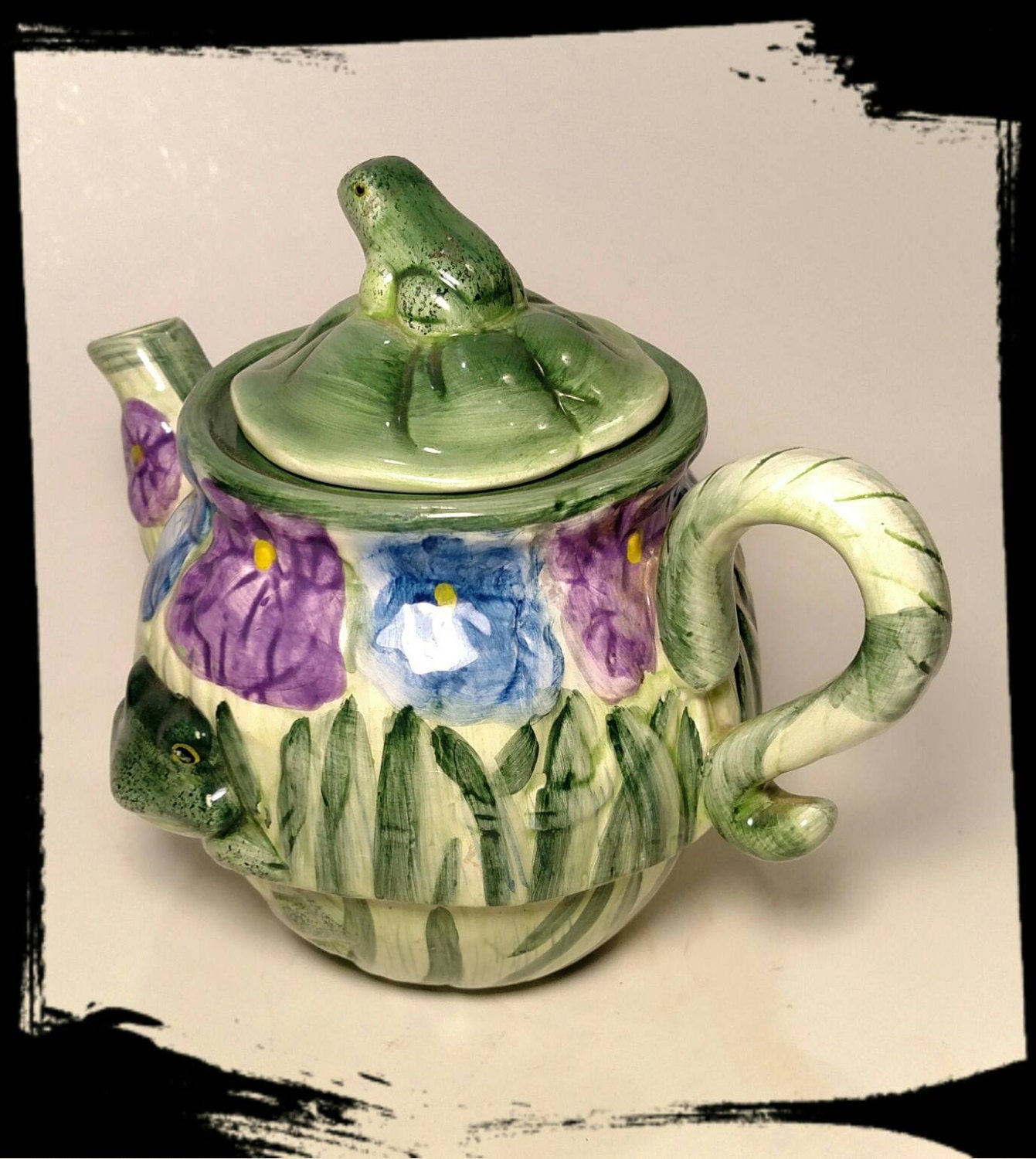 Collectible Teapot Frogs And Flowers Ceramic Tea Pot Green With Frogs