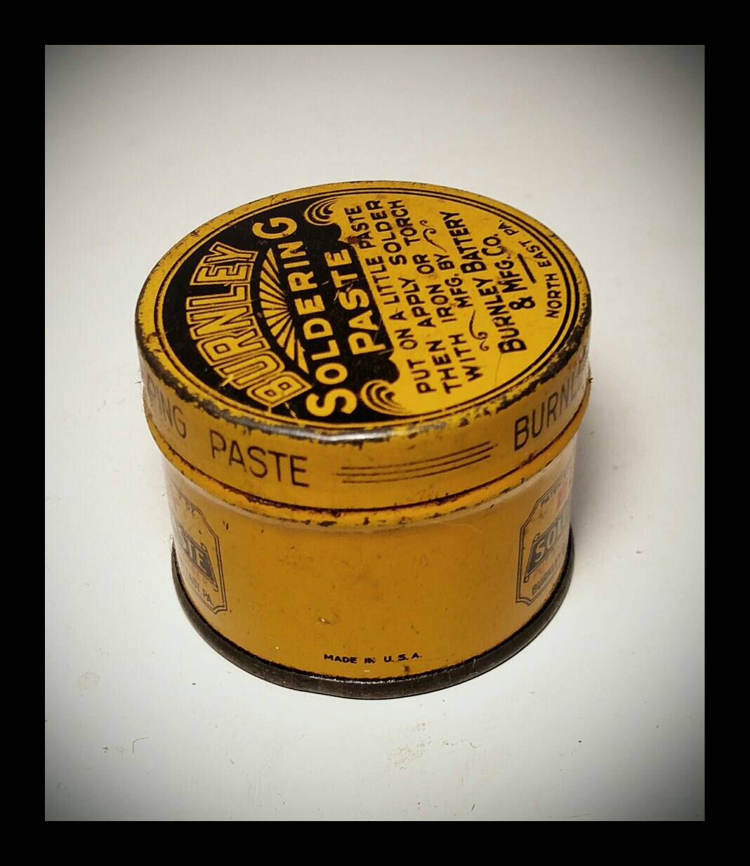 Vintage Burnley Soldering Paste Tin/ Burnley Battery & Mfg Co / Burnley