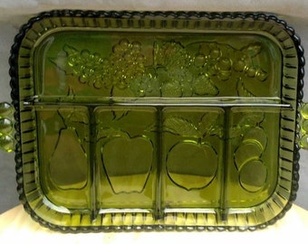 Collectible Indiana Glass Co. Serving Tray of Green Glass  / Fruit Sectional Platter / Glass  Fruit Tray / Organizer Tray / Candy Dish /F572