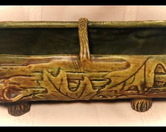 Antique Weller Woodcraft Log Basket with Oak Leaf, Signed by A/ Collectible Pottery/ Wedding Gift / F1120