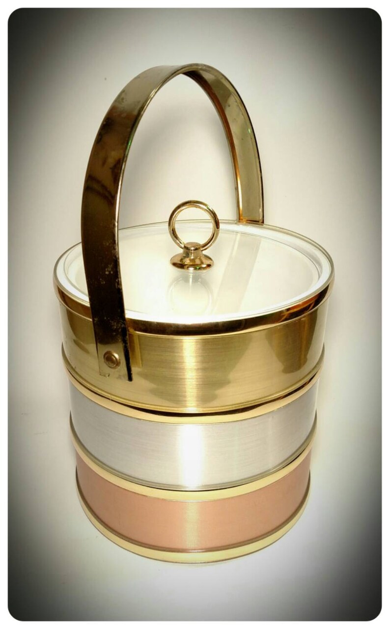 Vintage Shelton Ware Inc Ice Bucket / Gold Silver Copper Banded Ice