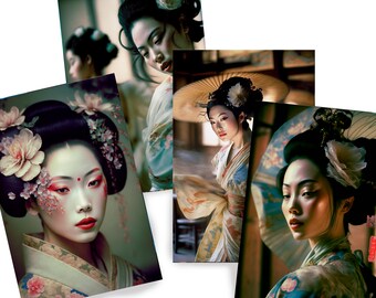 Japanese geisha DS0125 - Digital print set of 4 - synthography fine art prints - Printed on glossy premium fine art photo paper