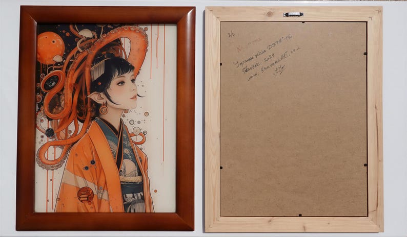a framed artwork depicting a woman with an orange and black headdress, surrounded by an abstract, colorful design.