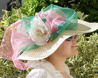 Summer HAT with white peony pink green - Derby 2 - sun hats womens accessories - fashion straw woven wide hat with flowers - retro Paris